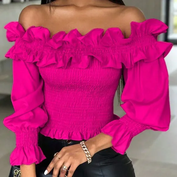 Hot Pink Casual Women's Ruffle Decor Off-Shoulder Cropped Top - Picture 4 of 6